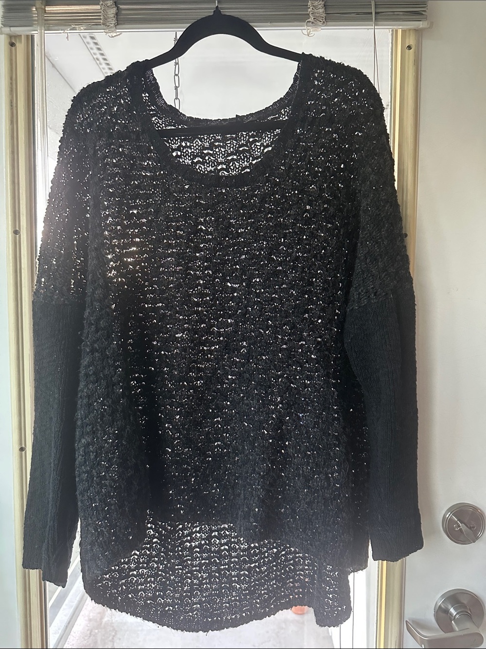 Eileen Fisher Black Open-Knit Crewneck Sweater, cotton and alpaca